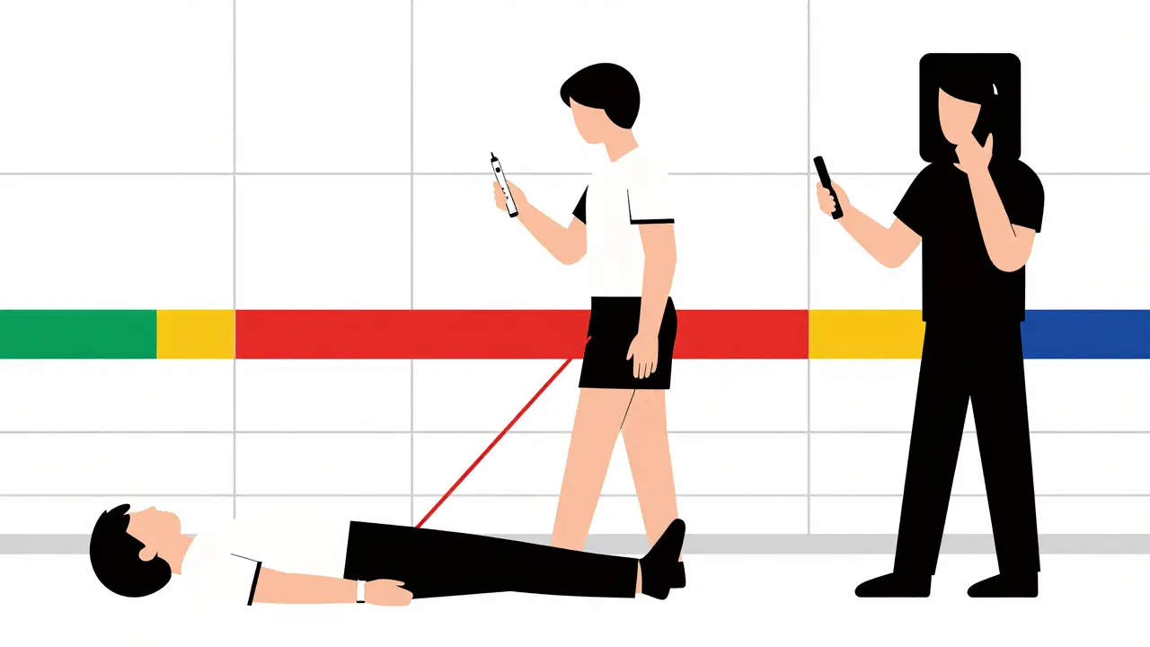 Trois figures dans un couloir hospitalier stylisé : une en détresse, une avec un EpiPen, une en train d'appeler les secours, dans un style géométrique abstrait.