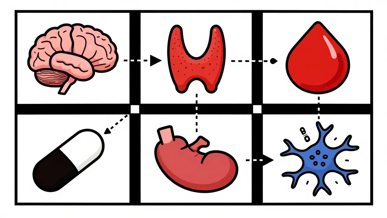 Cinq icônes médicales géométriques connectées à des pilules avec des pourcentages de variation, dans un style De Stijl.