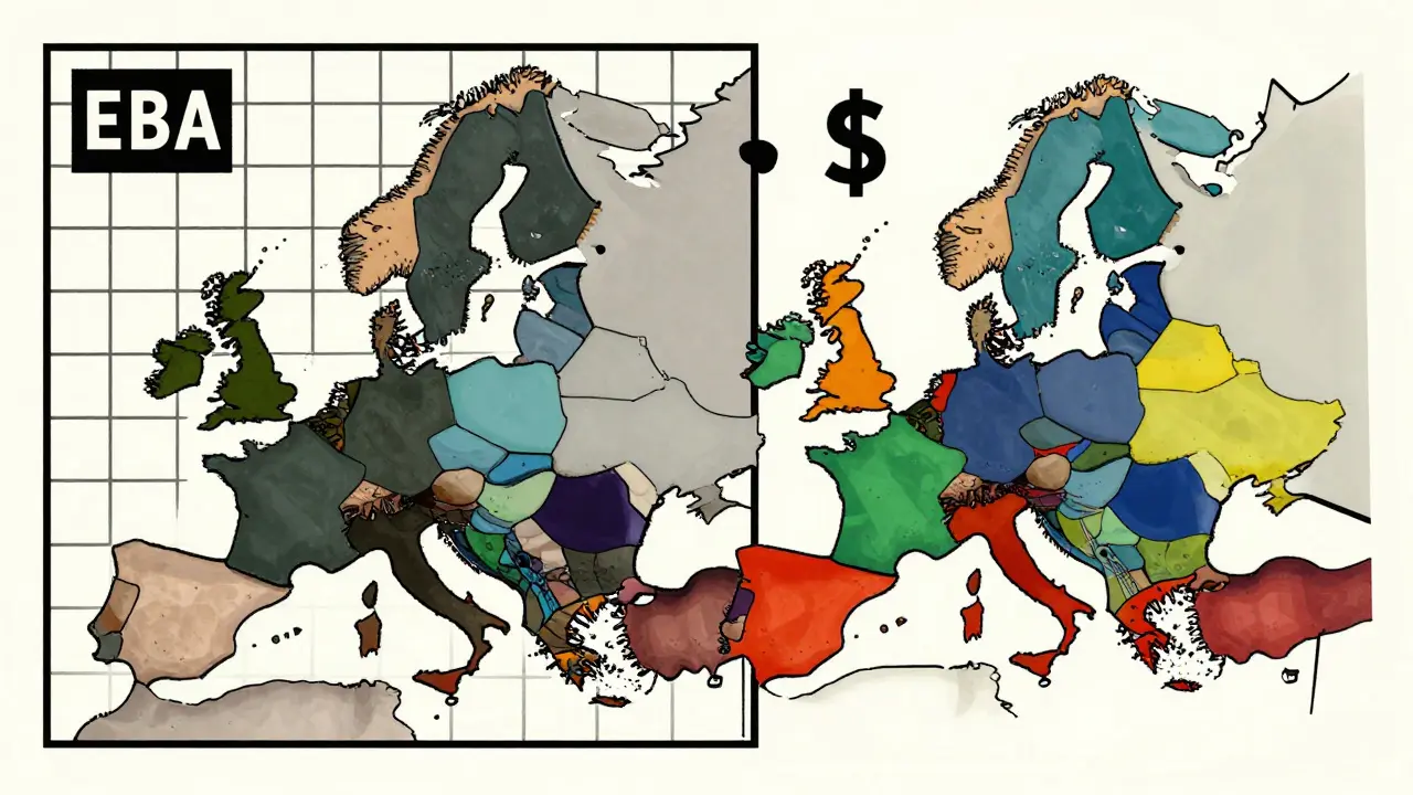 Contraste entre les cadres juridiques européen et américain en finance, représenté par des formes géométriques strictes en style De Stijl.