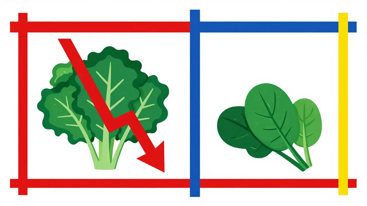 Deux repas comparés : l'un avec trop de légumes et un INR instable, l'autre avec une portion constante et stable.