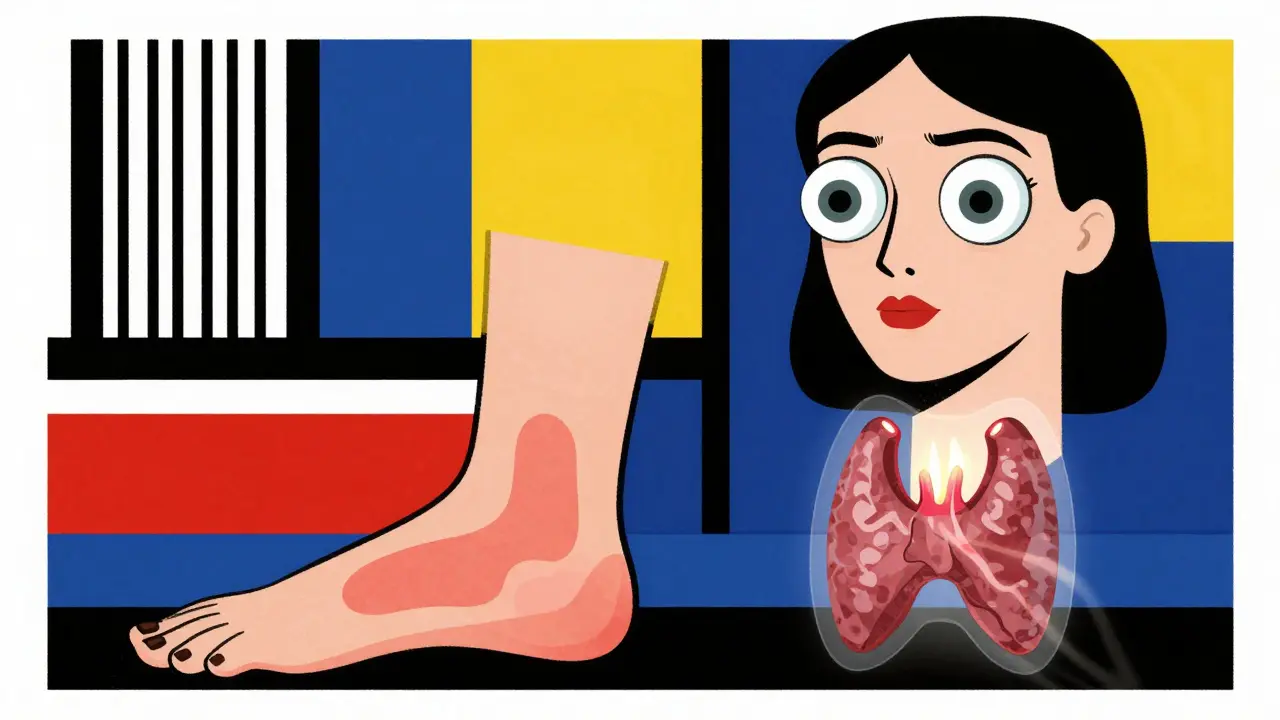 Femme avec yeux saillants et éruption cutanée aux chevilles, représentée en style De Stijl.