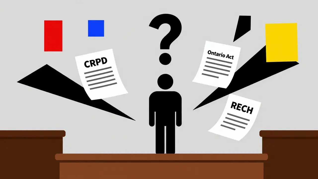 Figures abstraites et documents juridiques flottants autour d'un individu, symbolisant les conflits de substitution obligatoire.