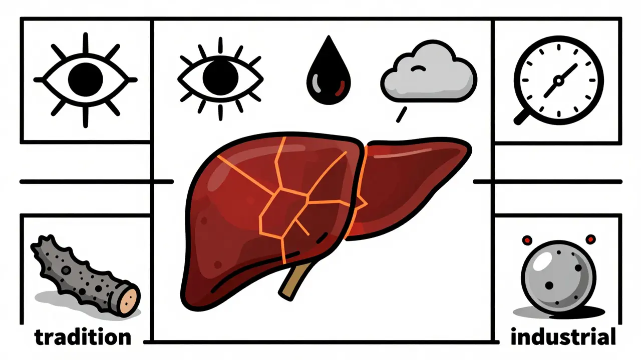 Foie fracturé avec symboles d’alerte : œil jaune, urine foncée, fatigue — contraste entre kava traditionnel et industriel.