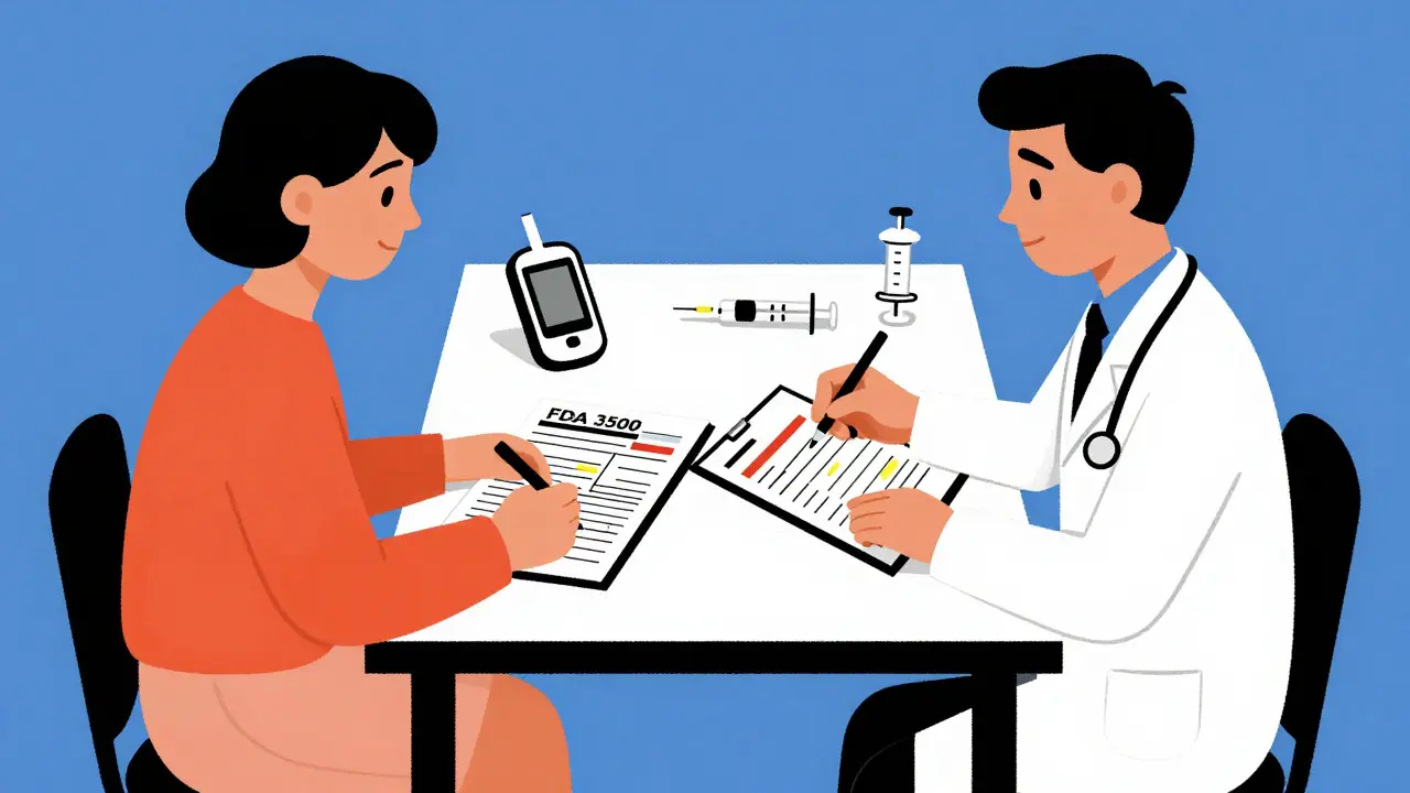 Médecin et patient remplissent ensemble un formulaire médical stylisé en lignes noires et couleurs primaires.