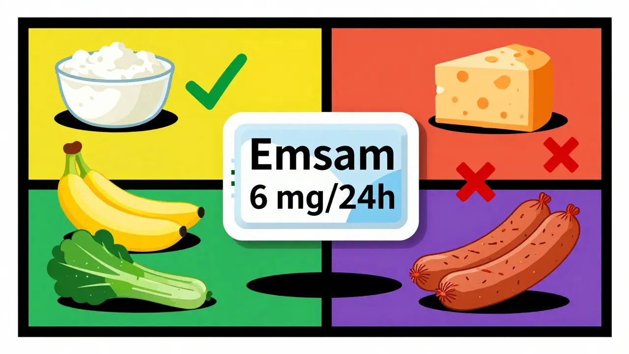 Patch Emsam entouré d'aliments sûrs et dangereux, séparés par des marques vertes et rouges dans un style géométrique.