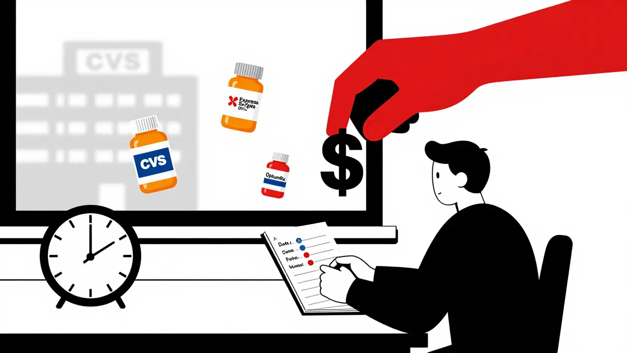 Patient notant les détails de son médicament, avec des bouteilles de génériques flottantes et un symbole dollar menaçant en arrière-plan.