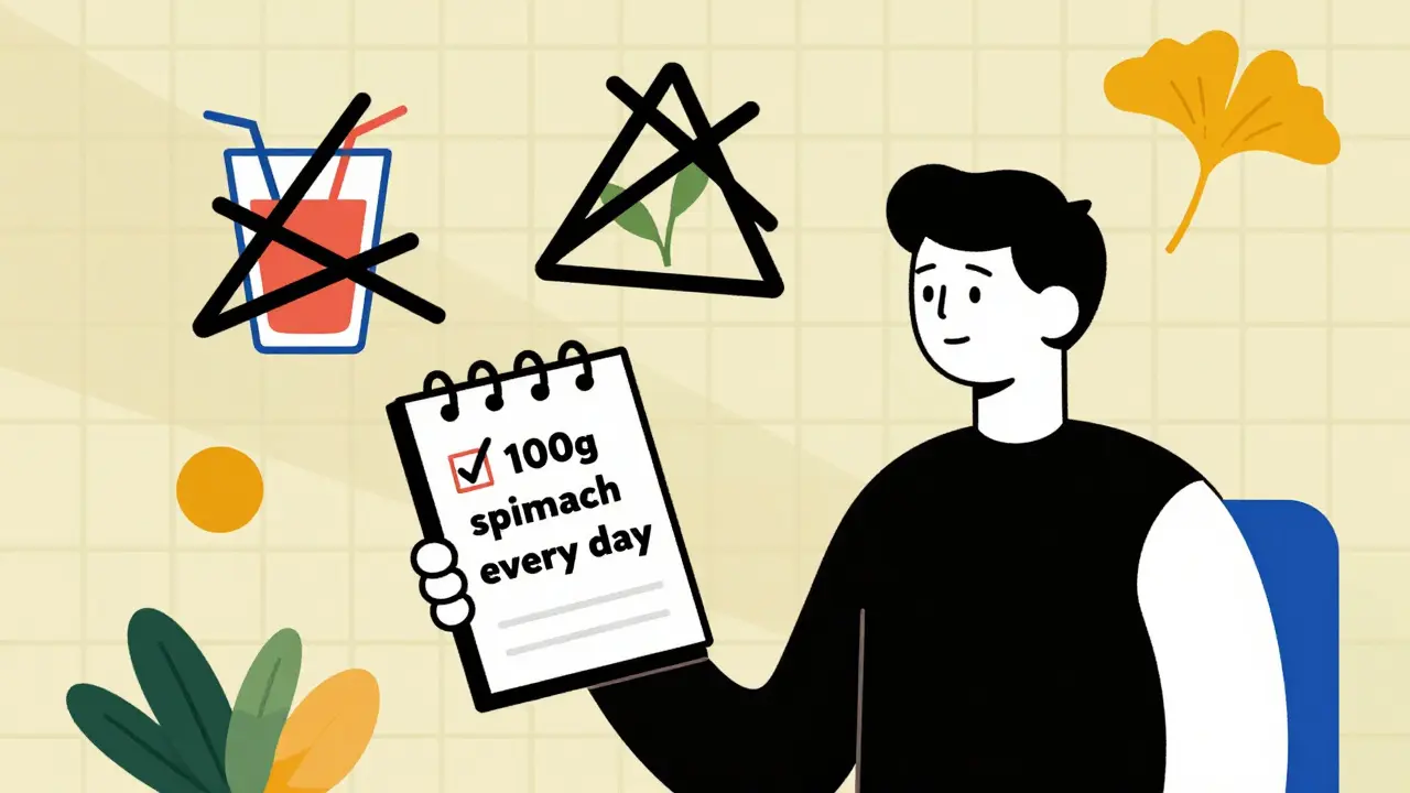 Personne tenant un carnet de suivi alimentaire, entourée d'interactions médicamenteuses bloquées par des lignes noires.