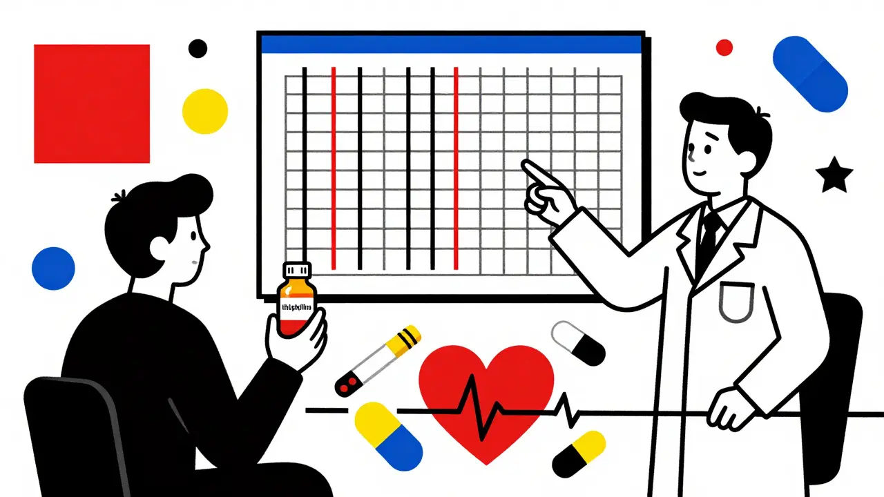 Scène médicale avec patient, pilule et tableau de seuils toxiques en style De Stijl.