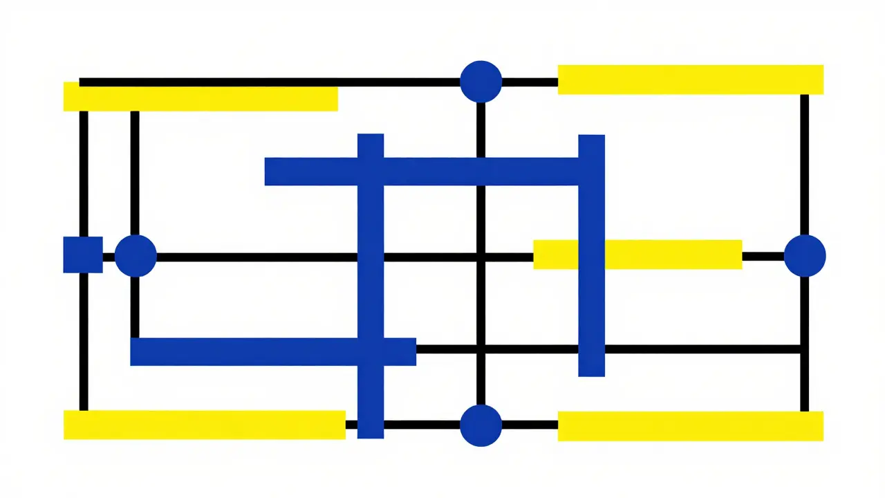 Schéma géométrique de voies cellulaires bloquées par des rectangles noirs.