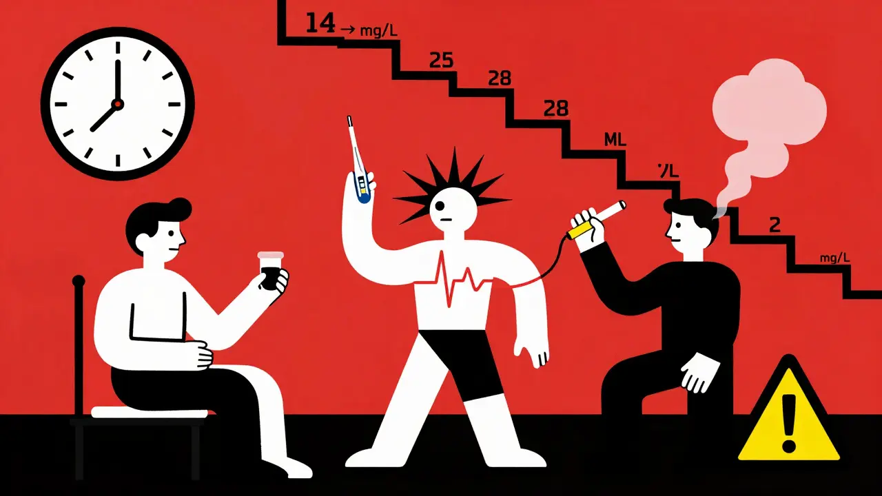 Trois figures abstraites dans un cadre clinique : un patient stable, un autre en crise cardiaque, et un symbole de tabac qui se transforme en avertissement, avec des chiffres de concentration sanguine en hausse.