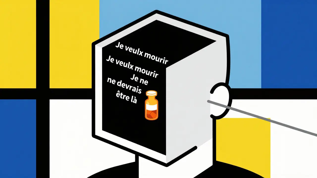 Un crâne géométrique avec des pensées suicidaires flottantes, relié à une pilule, dans un style géométrique strict aux couleurs primaires.