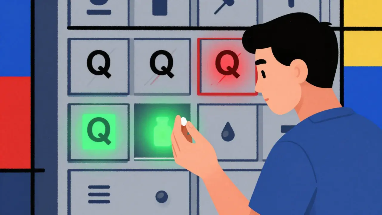 Un patient devant des armoires de médicaments marquées par des symboles géométriques et des codes couleur.