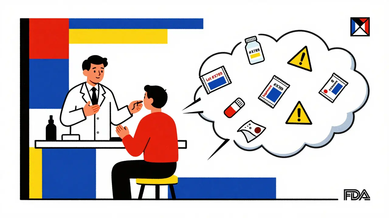 Un pharmacien explique une alerte à un patient, avec des emballages de médicaments flottants.