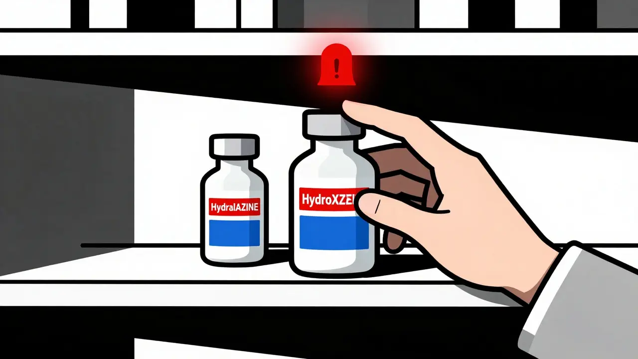 Un pharmacien face à deux flacons presque identiques avec des étiquettes géométriques et une alerte rouge.