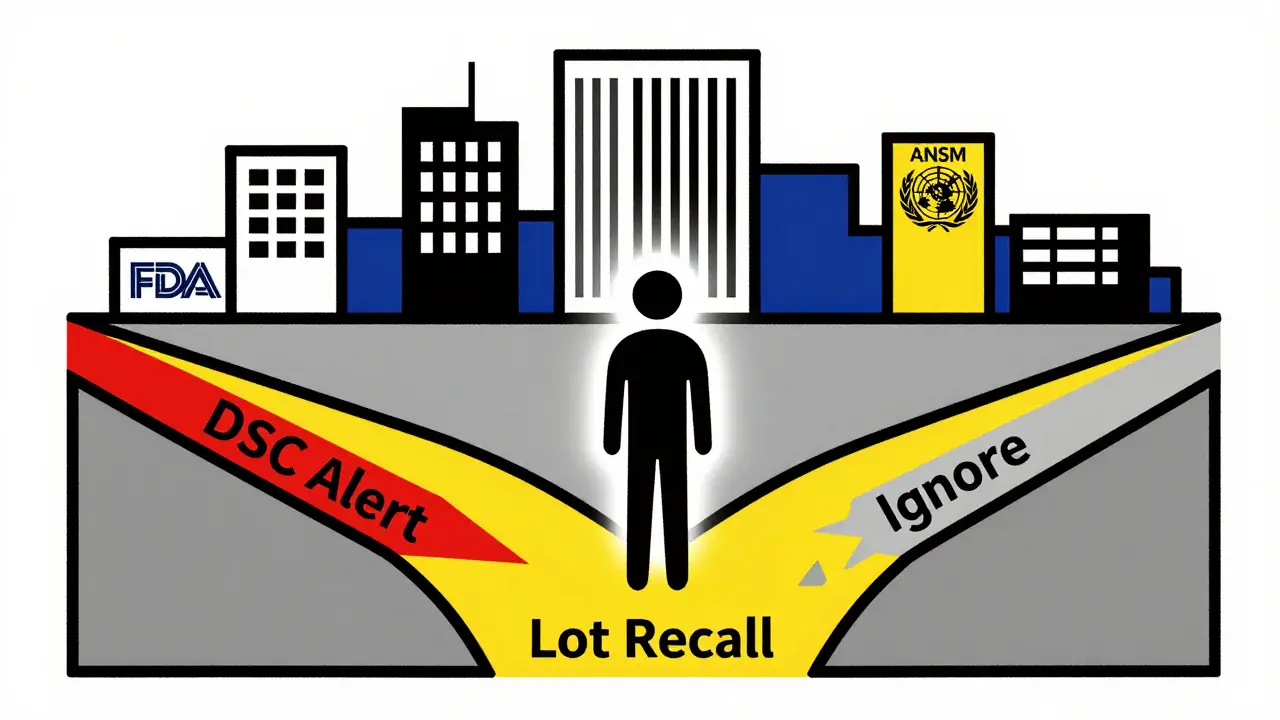 Une personne face à trois chemins d'alertes médicales, représentés par des formes géométriques colorées.