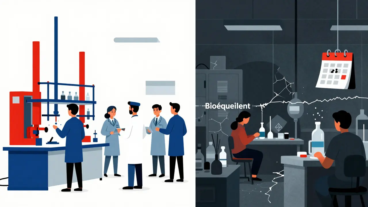 Usine américaine propre à gauche, usine étrangère désordonnée à droite, reliées par une ligne fragile.