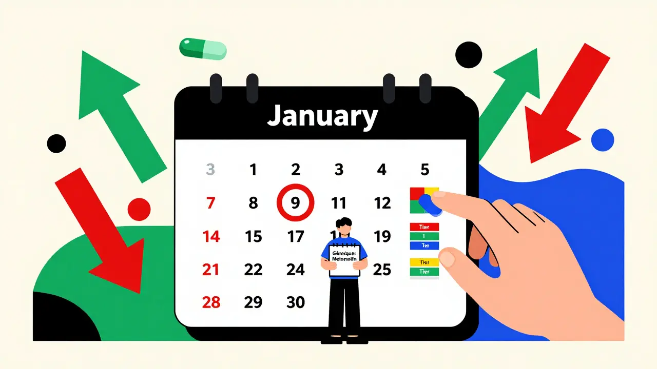 Calendrier avec janvier en rouge, des flèches de coûts variés et une personne vérifiant son traitement générique.