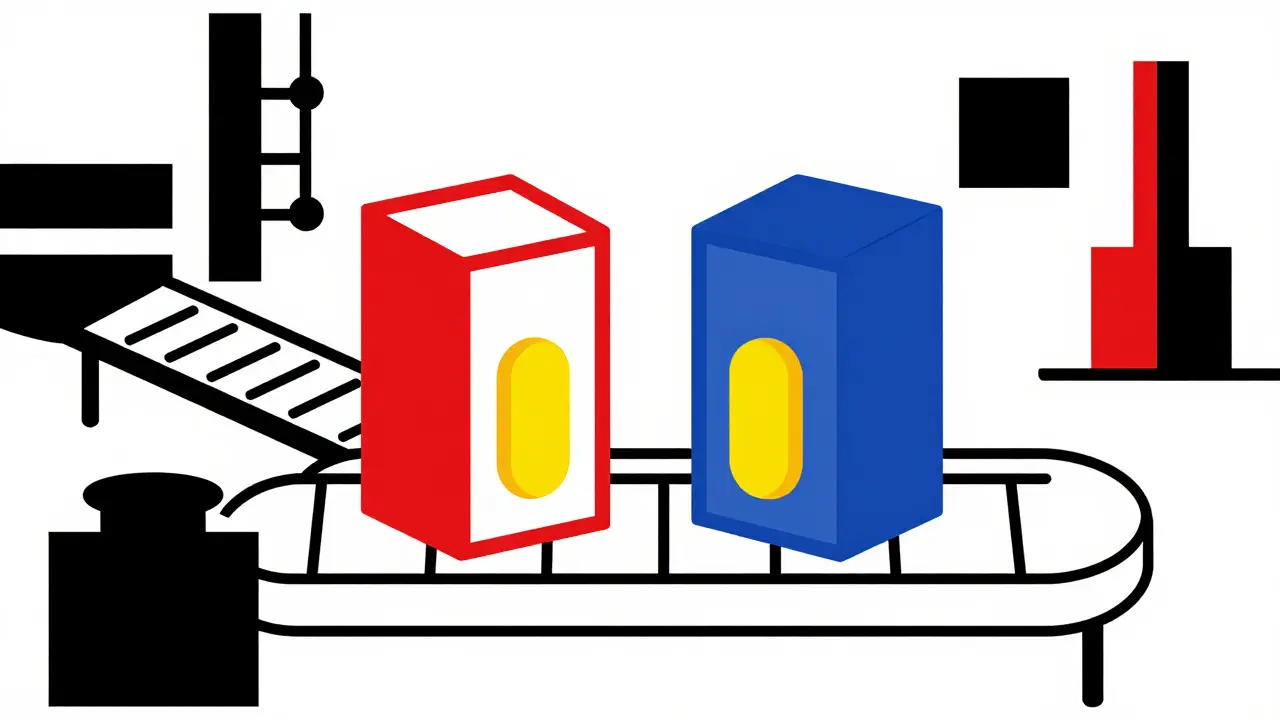 Chaîne de production géométrique avec deux types d'emballage identiques.