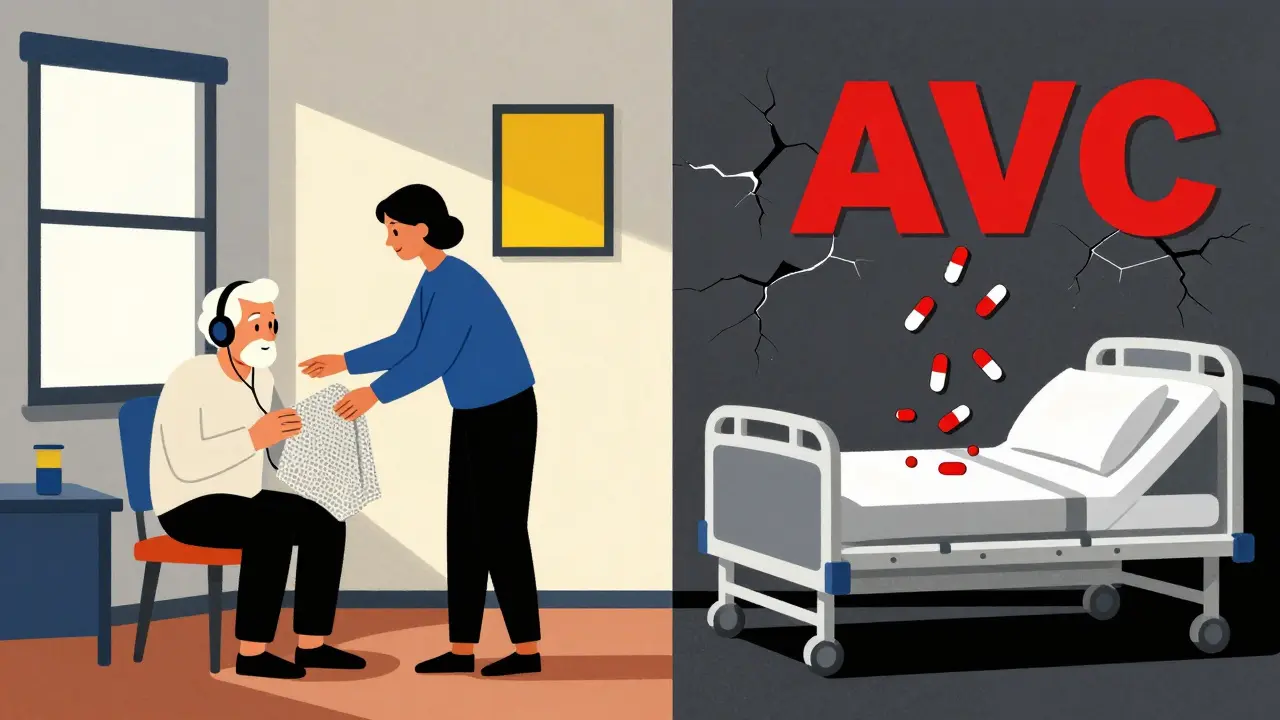 Contraste entre un environnement apaisant et un lit d'hôpital menaçant, illustrant deux choix de soins.