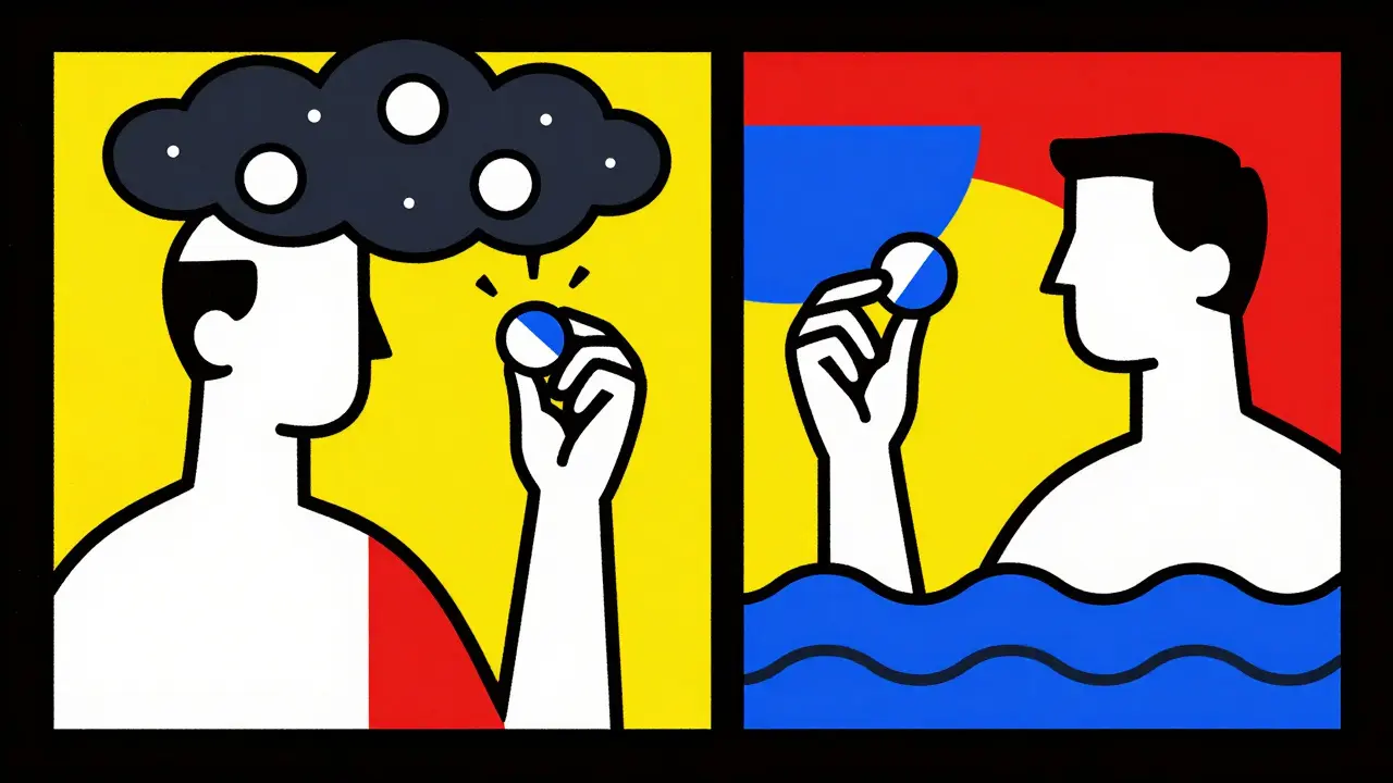 Deux personnages symboliques : l'un avec un comprimé dangereux, l'autre avec un analgésique sûr.