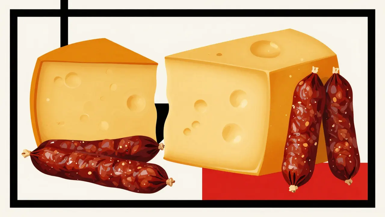 Fromages affinés et charcuteries stylisés en blocs de couleurs primaires.