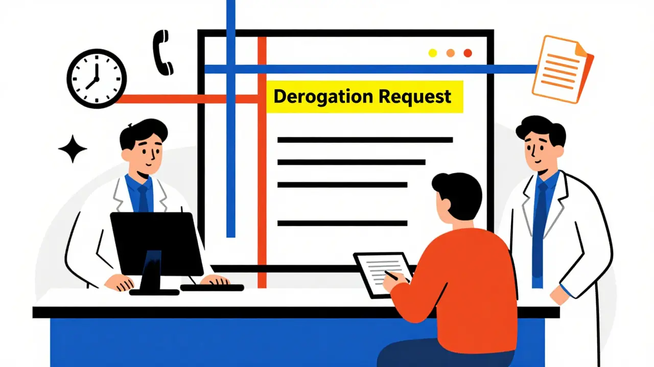 Médecin et pharmacien à un comptoir avec un tableau abstrait de formulary, un dossier de dérogation mis en évidence.