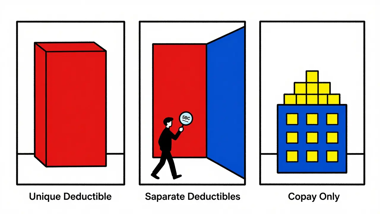 Trois modèles de plans d'assurance représentés comme des pièces abstraites en couleurs primaires.