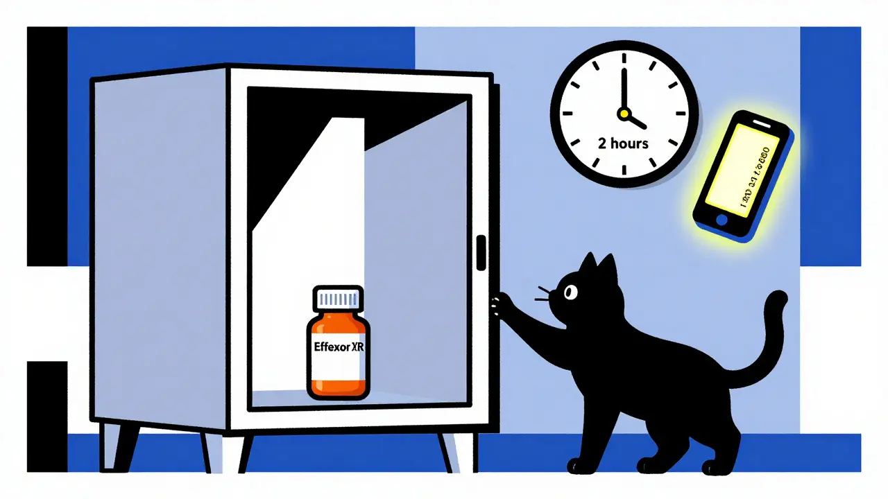 Un armoire à médicaments verrouillée avec une bouteille d'Effexor XR à l'intérieur, et un chat qui tente d'y accéder.