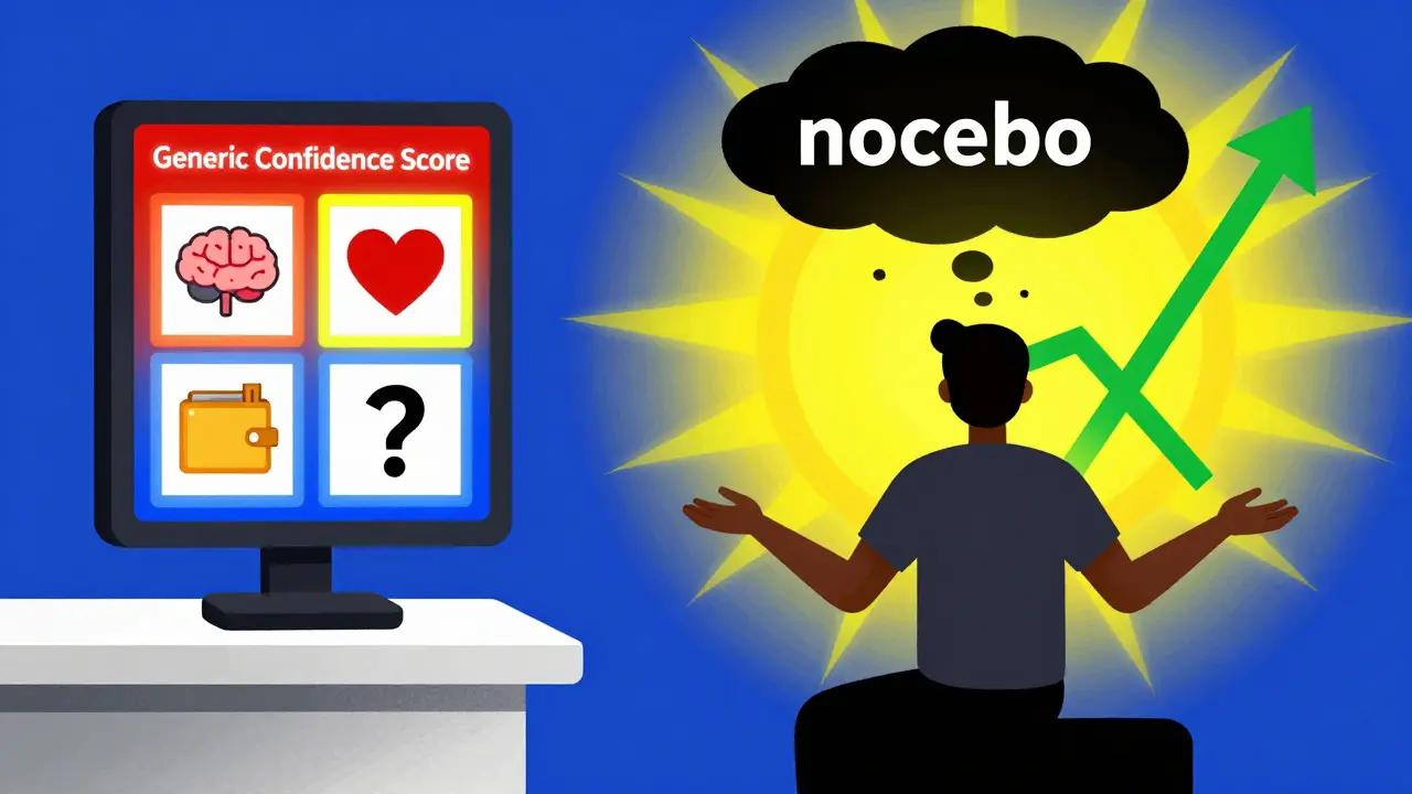 Un clinicien consulte un écran affichant des icônes abstraites sur la confiance dans les génériques.