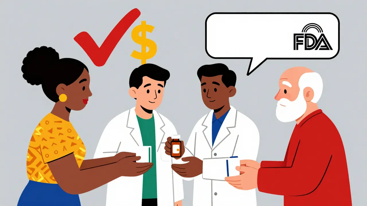 Un pharmacien remet une boîte de médicament générique à trois patients aux origines diverses.