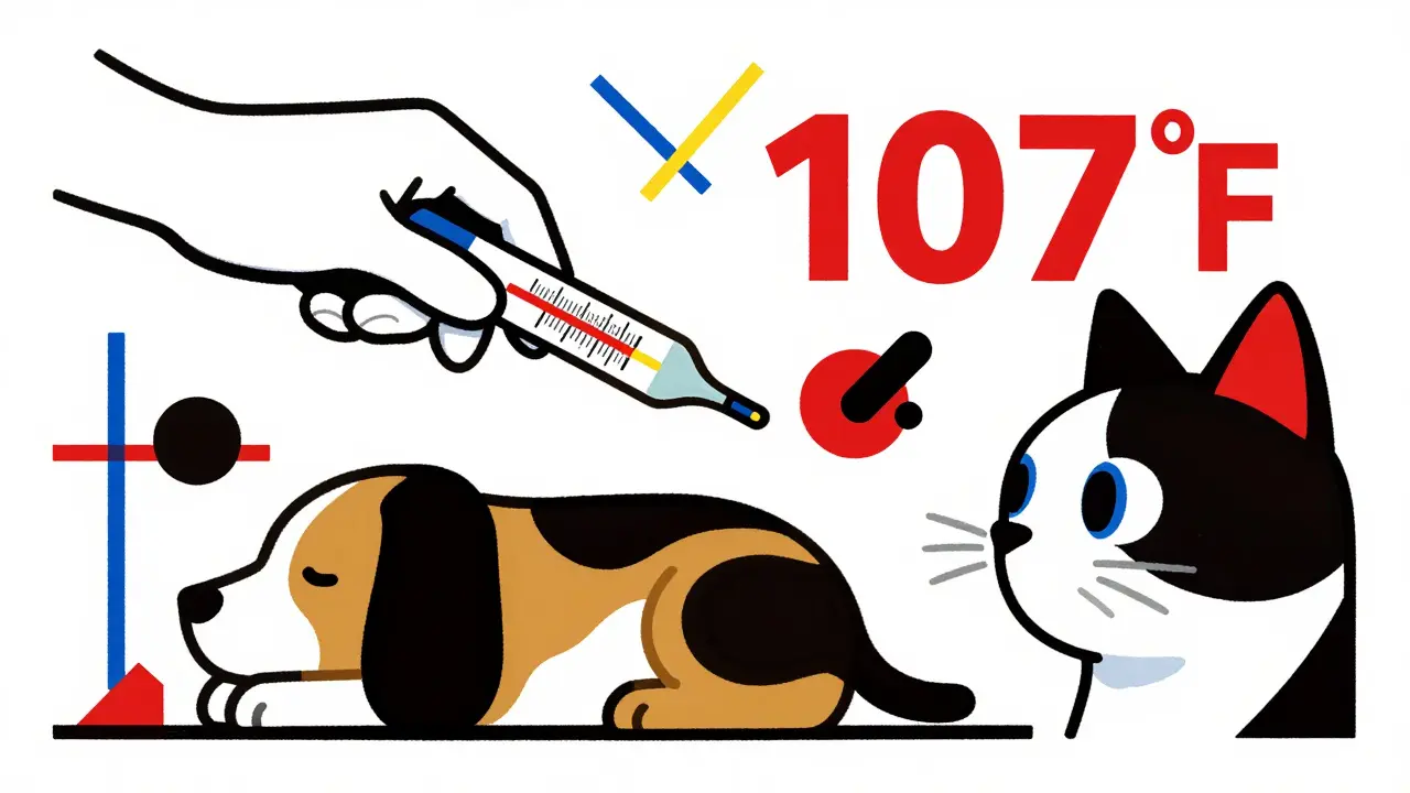 Un vétérinaire mesure la température d'un chien, tandis qu'un chat montre des signes de toxicité au paracétamol.