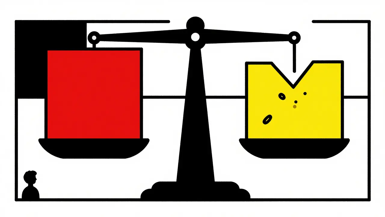 Une balance entre un carré rouge (générique autorisé) et un rectangle jaune irrégulier (générique traditionnel).