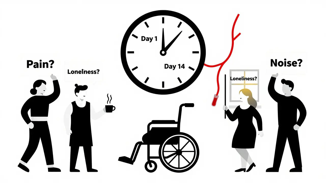 Une horloge brisée au-dessus d'un fauteuil roulant, montrant les jours de traitement et des causes alternatives de détresse.