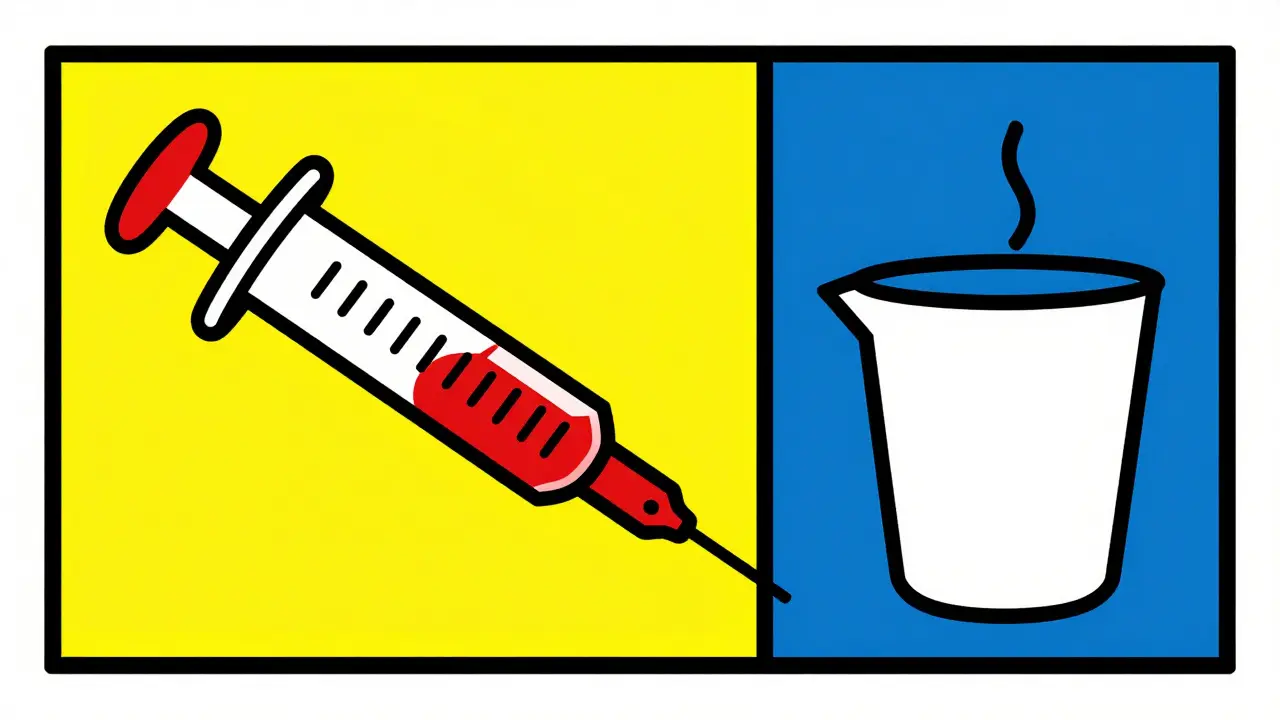 Comparaison stylisée entre une seringue orale précise et un gobelet doseur imprécis.