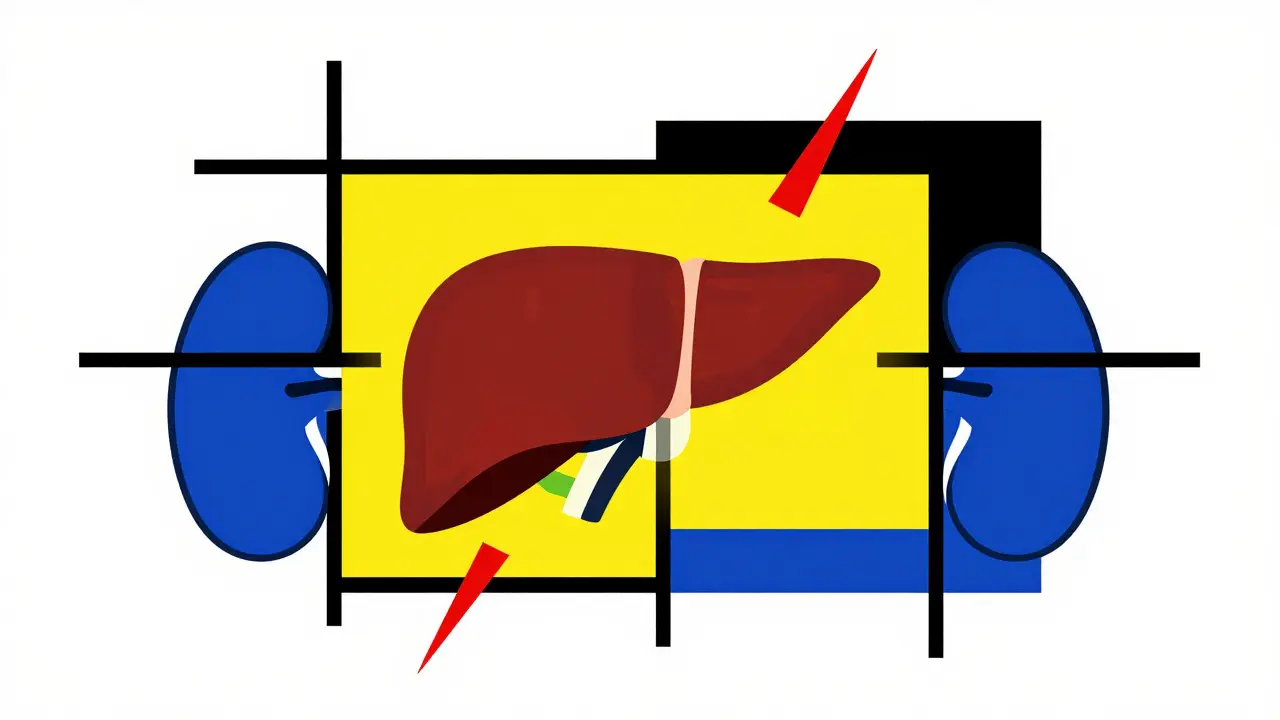 Composition géométrique De Stijl symbolisant la toxicité des organes avec des blocs jaunes et rouges.