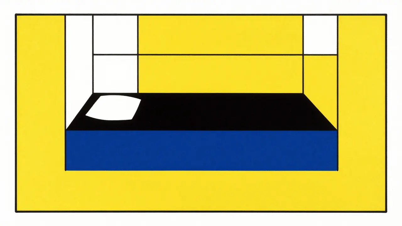 Design minimaliste De Stijl illustrant une chambre sombre pour le sommeil diurne.