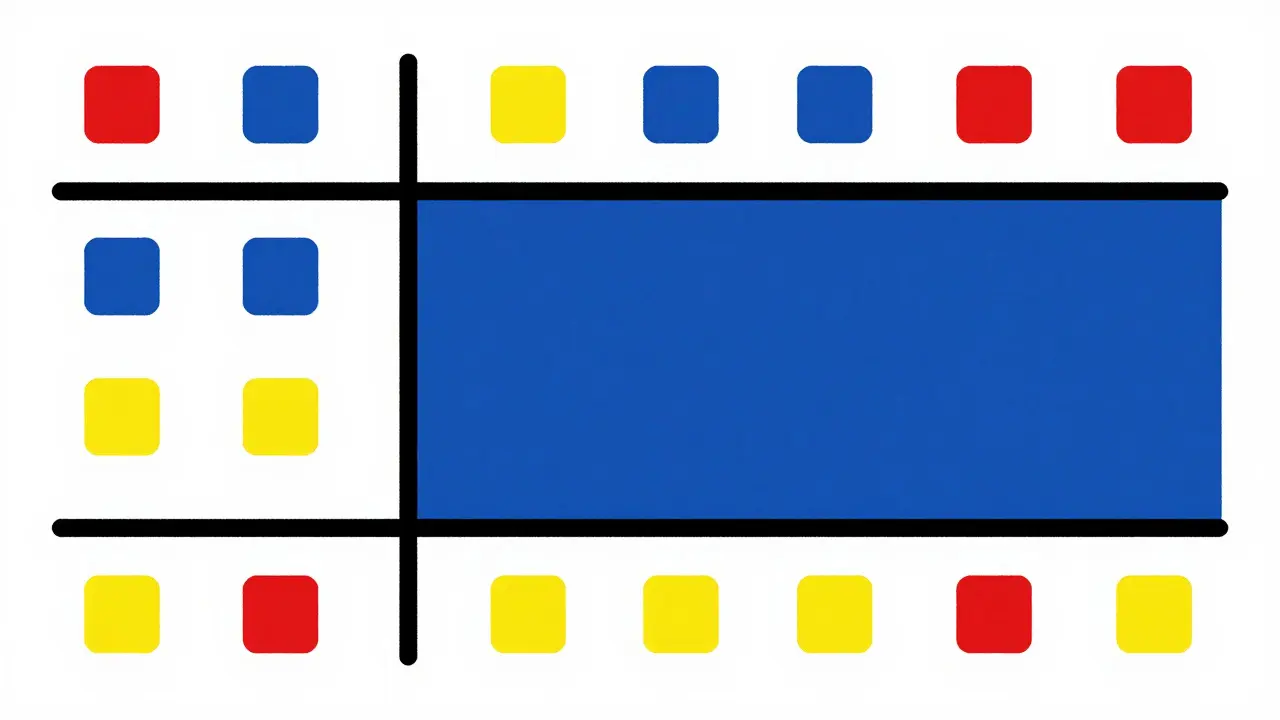 Illustration De Stijl représentant la sécurité médicamenteuse avec des carrés colorés organisés sur une grille.