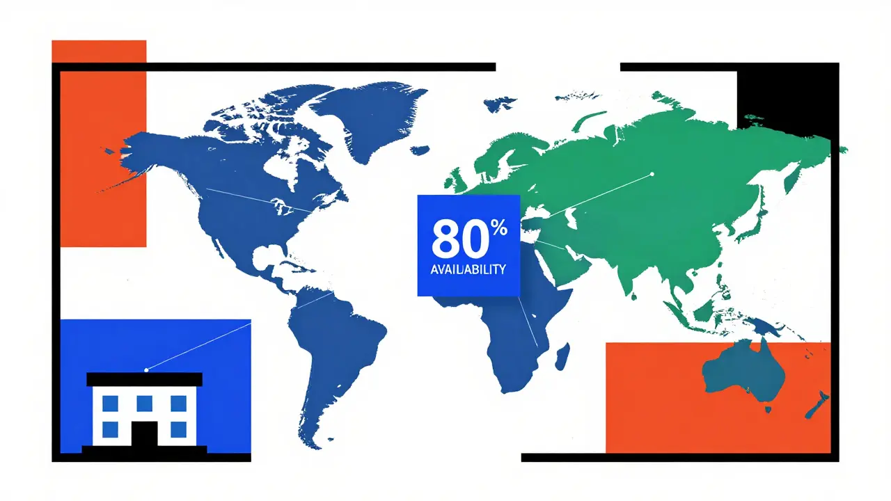 Oeuvre style De Stijl illustrant le réseau numérique de l'OMS pour l'accès aux médicaments.