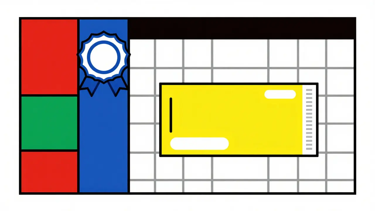Représentation stylisée d'une pharmacie agréée et sécurisée avec des formes primaires.