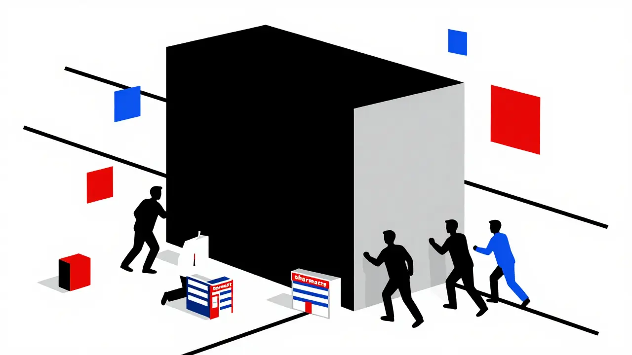 Représentation stylisée de la pression des grandes chaînes sur les pharmacies indépendantes.