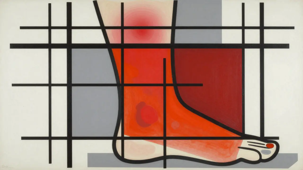 Représentation stylistique de cellulite avec rougeur géométrique rouge.