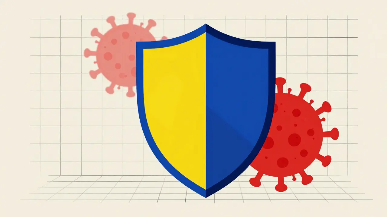 Bouclier abstrait bleu et jaune bloquant des formes rouges