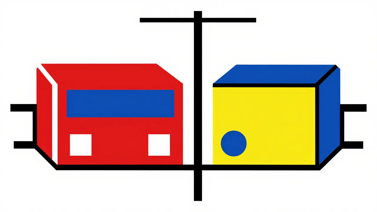 Deux boîtes de médicaments similaires représentées par des formes géométriques et des couleurs primaires dans le style De Stijl
