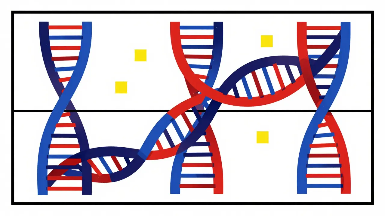 Illustration abstraite d'une structure ADN géométrique symbolisant la médecine de précision et les tests génétiques.