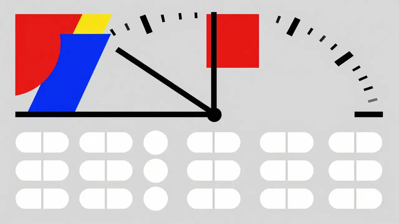 Montre géométrique et pilules stylisées en couleurs primaires
