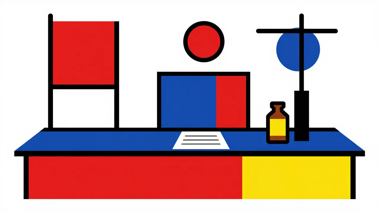 Scène abstraite au comptoir de pharmacie en style De Stijl montrant la vérification d'une ordonnance