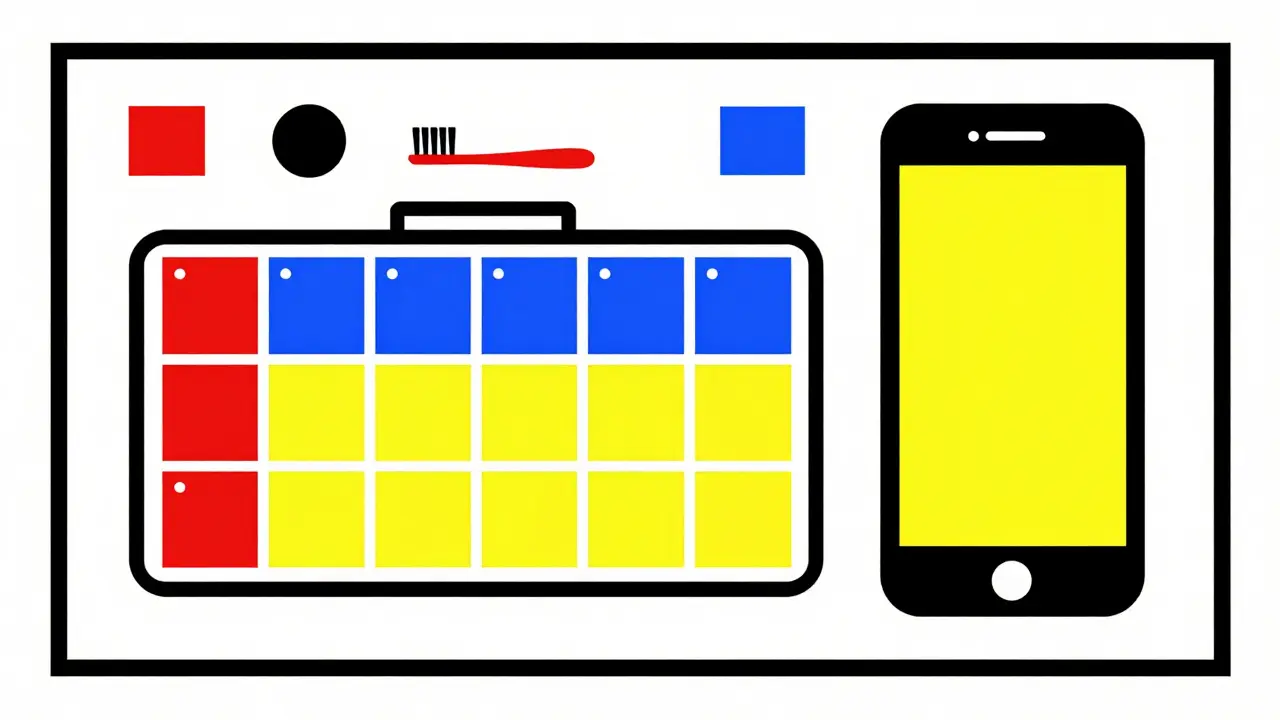 Abstract pill organizer and phone reminder in primary colors De Stijl art