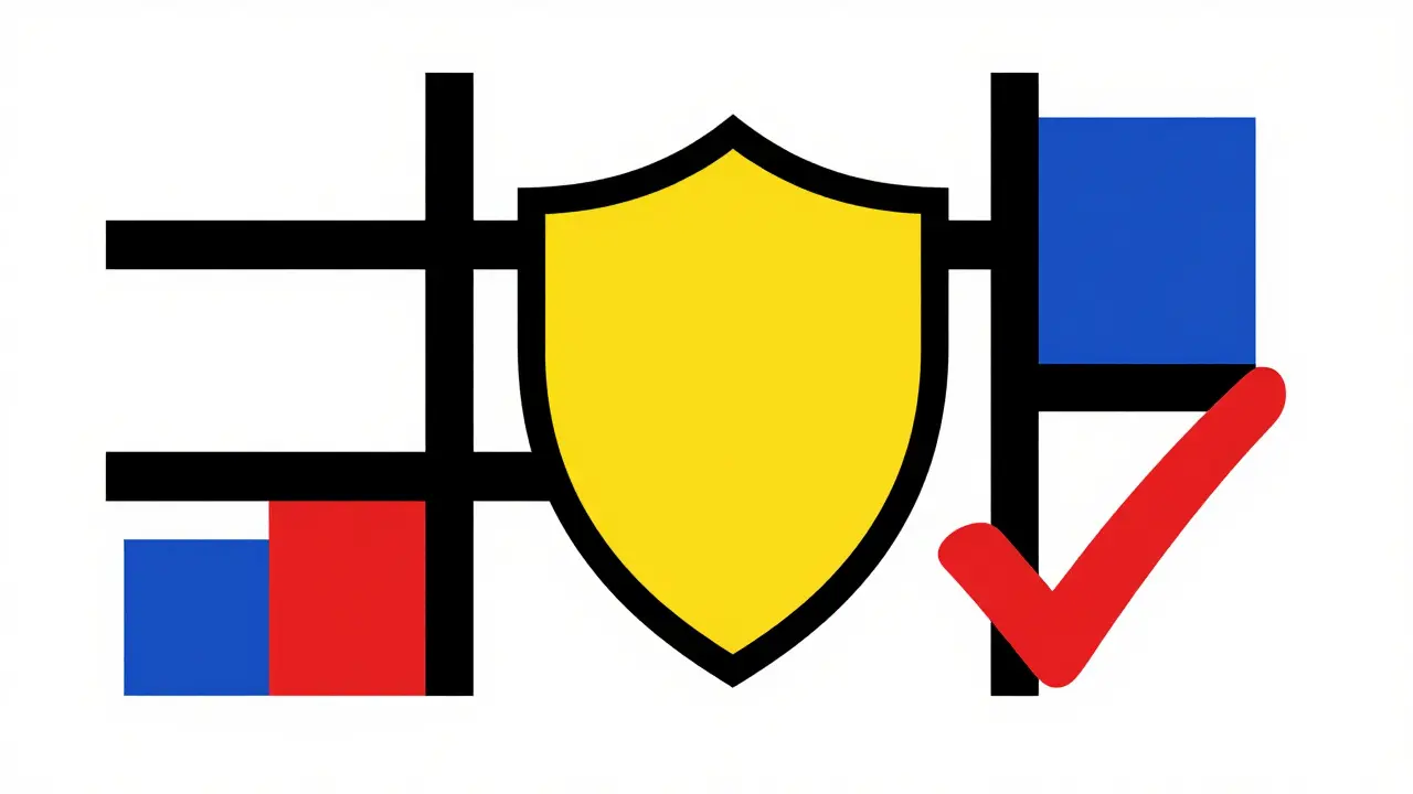 Bouclier stylisé jaune et croix rouge symbolisant la sécurité pharmaceutique
