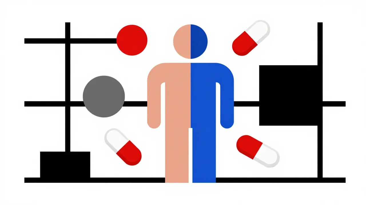 Figure géométrique De Stijl entourée de pilules abstraites