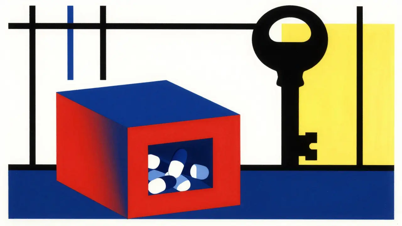 Locked box with pills and key illustrating safe storage in De Stijl style